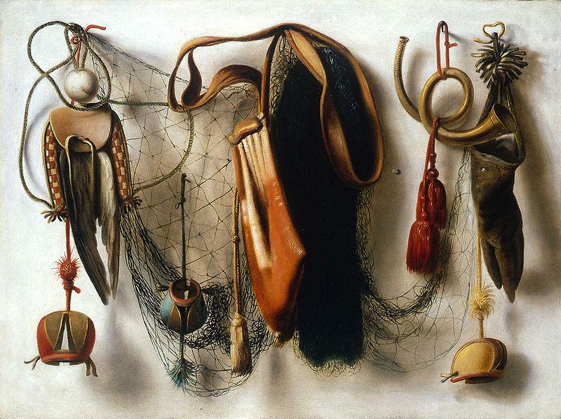  A Trompe l'Oeil of Hawking Equipment, including a Glove, a Net and Falconry Hoods, hanging on a Wall.